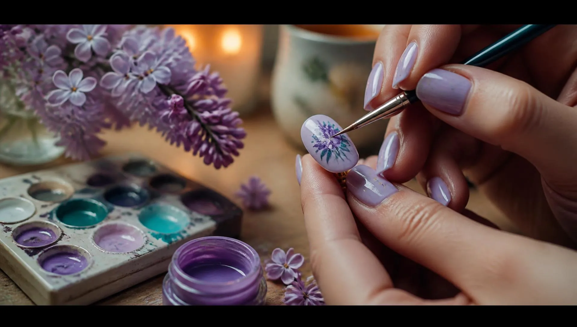 Krickett hand painting a floral design onto a press on nail