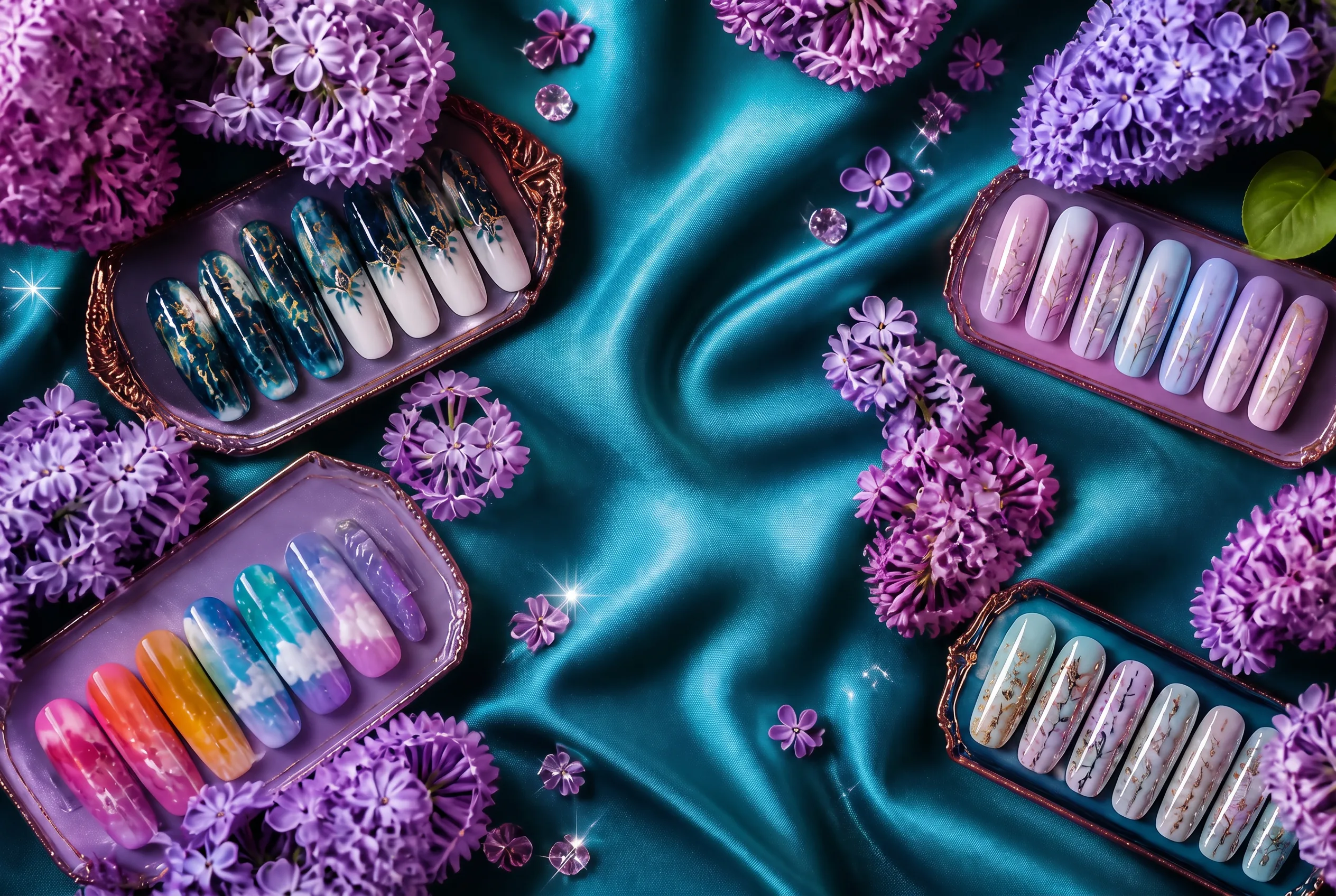 Hand painted press on nail sets arranged on teal silk with lilac blooms
